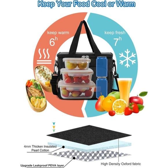 Men' Insulated Lunch Bag Leakproof Lunch Box w/Adjustable Shoulder Strap - Black - Picture 4 of 7